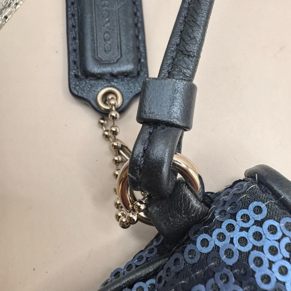 Coach Navy Sequin Wristlet Clutch with Leather Trim - Picture 5 of 7